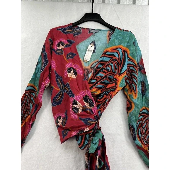 Anthropologie Conditions Apply Sleek Wrap Blouse Red Montif - Picture 5 of 12